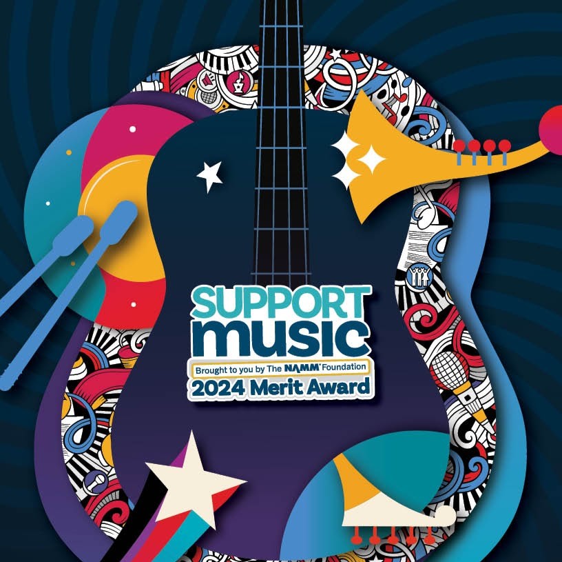 Square graphic of a guitar with the words - 2024 Support Music Best Communities for Music Education Award